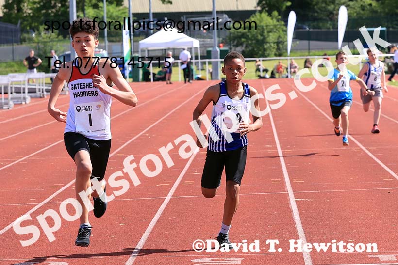Boys Under-13s 100 metres, 2024 North Eastern Track and Field Champs., Middlesbrough.  Photo: David T. Hewitson/Sports for All Pics
